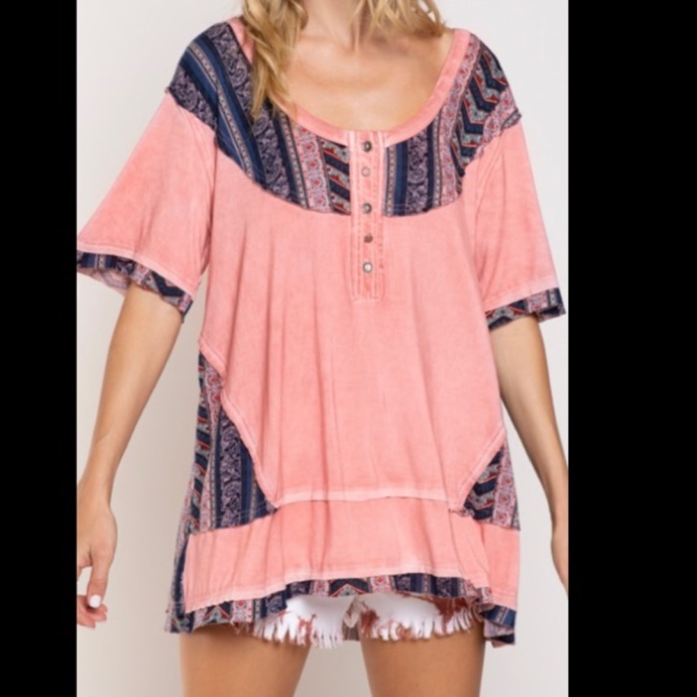 POL Boho Pink Short Sleeve Henley Top with Patterned Yoke